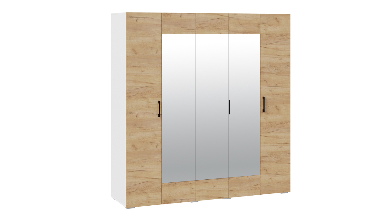 Шкаф для одежды 5-ти дверный с зеркалом «Нео» (Белый, Дуб Крафт золотой)