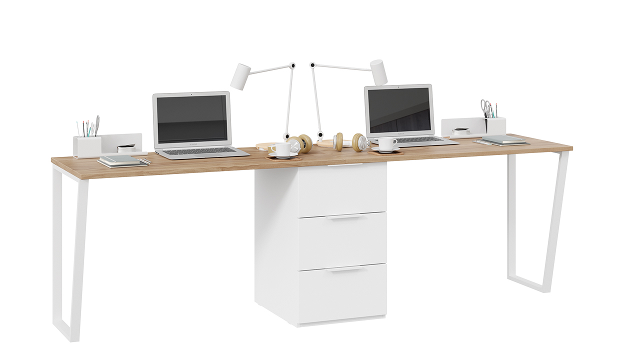 Комплект столов письменных с 1 тумбой универсальной «Порто» (Белый жемчуг/Яблоня беллуно/Белый софт)