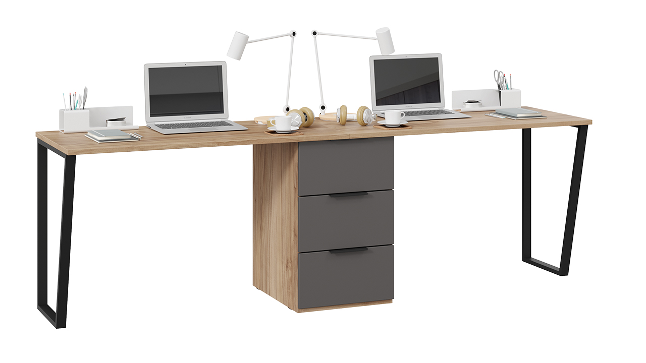 Комплект столов письменных с 1 тумбой универсальной «Порто» (Яблоня Беллуно/Графит софт)