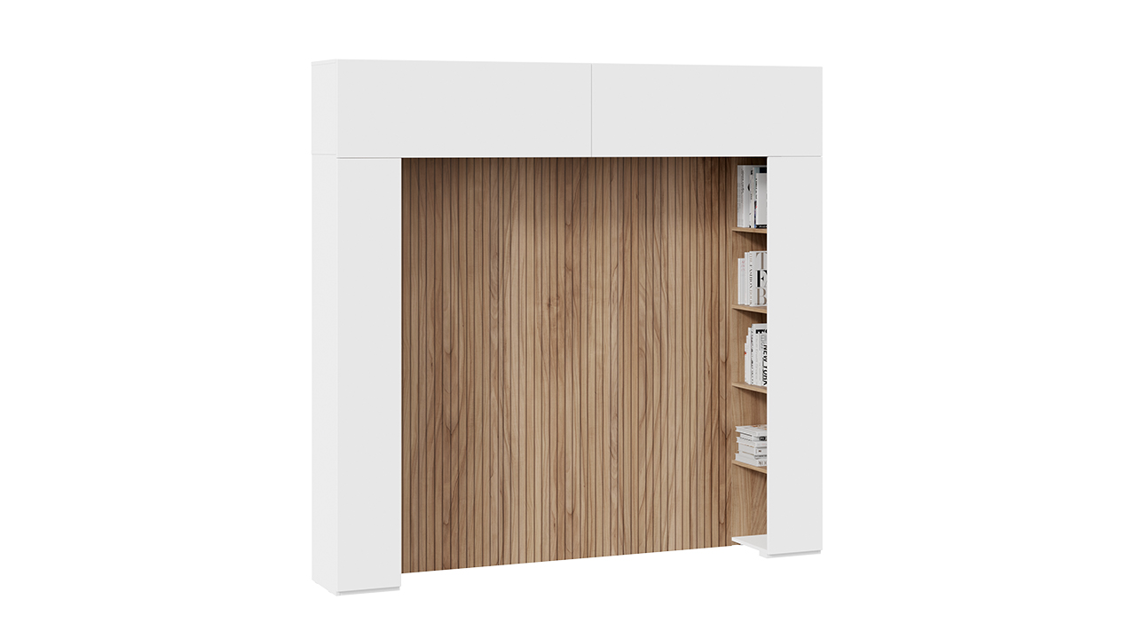 Шкаф навесной (366) со стеллажами и декоративными панелями «Порто» (Белый жемчуг/Яблоня беллуно/Белый софт)
