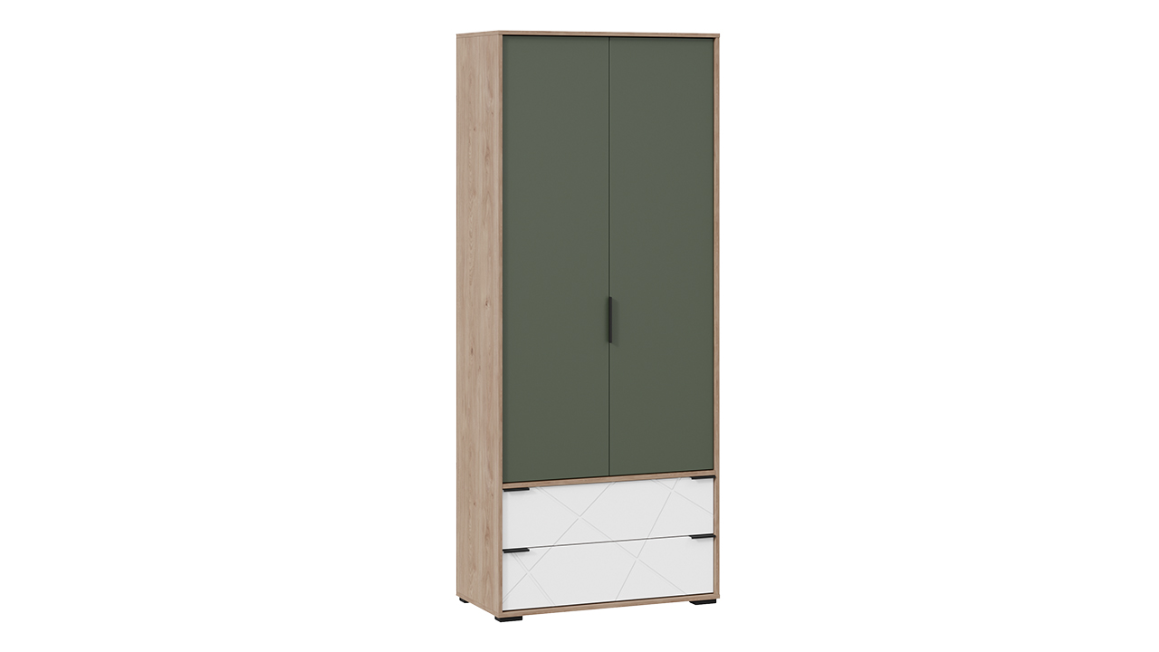 Шкаф для одежды комбинированный «Лео» (Гикори джексон/Белый матовый/Дымчатый зеленый)