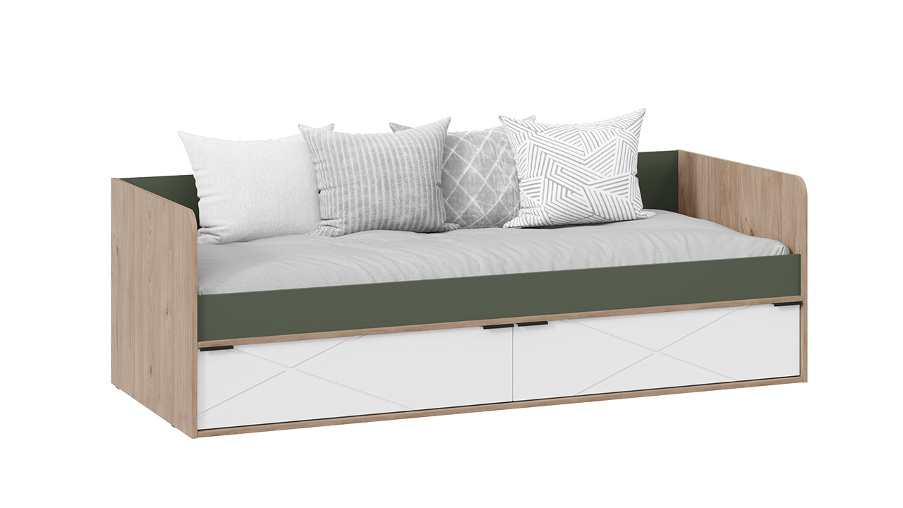 Кровать (с ящиками) «Лео» (Гикори джексон/Белый матовый/Дымчатый зеленый)