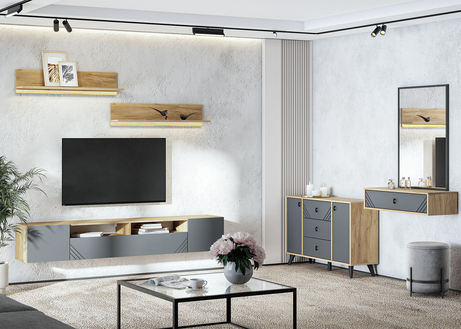 Модульная гостиная «Байкал» (Дуб Золотой/Графит)