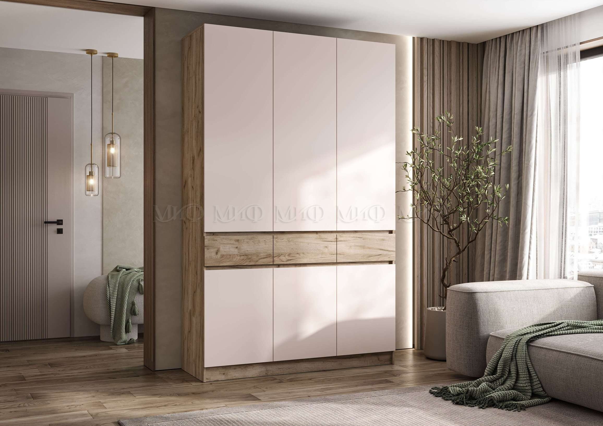 Шкаф Роджина 3-х створчатый (Кашемир, Дуб Крафт серый)