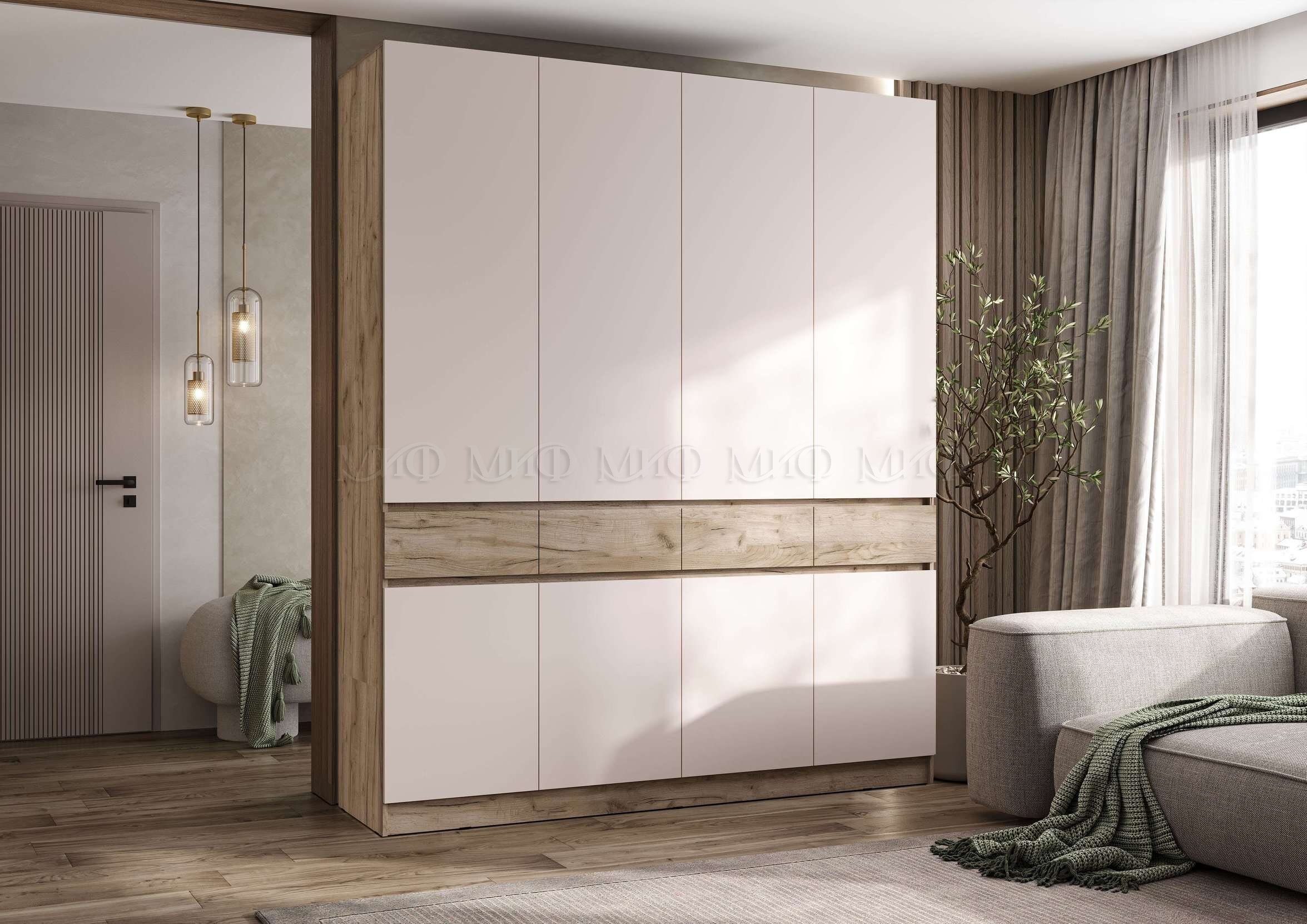 Шкаф Роджина 4-х створчатый (Кашемир, Дуб Крафт серый)